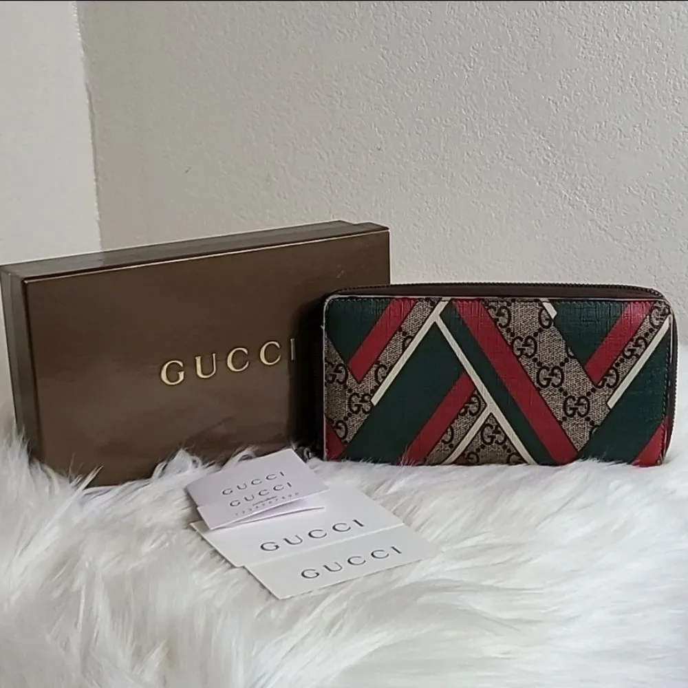 💯Authentic Gucci Round Zip Long Wallet GG Chevron Beige Green Red🍀 - Picture 11 of 16
